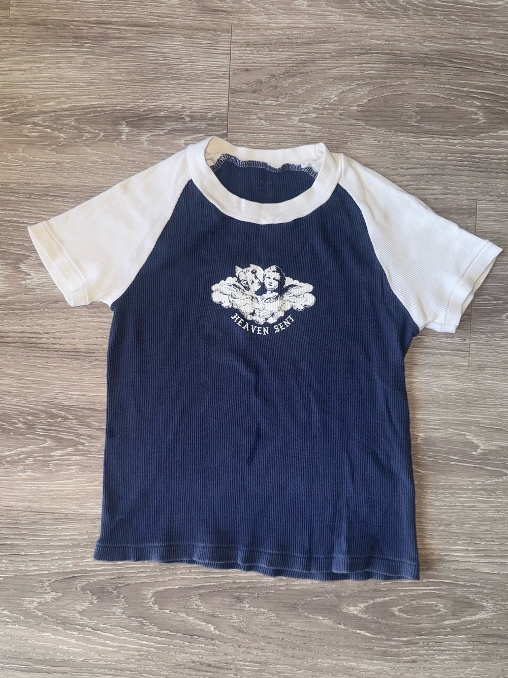 Brandy Melville Navy and White Raglan Graphic Tee